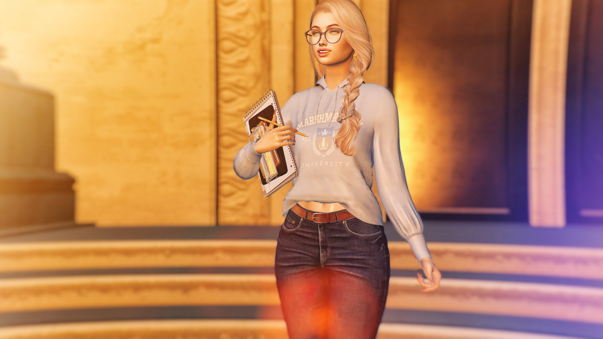 Mackenzie in Second Life, holding a notebook and pencil.